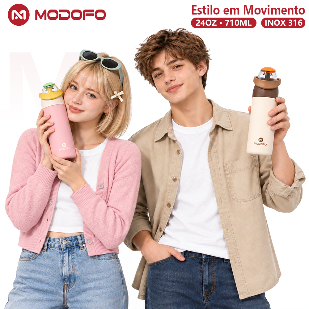 Garrafa Térmica MODOFO 700ml Inox 316 com Canudo Tampa 1 Toque Alça Dobrável Quente e Fria Portátil Fashion Copo Termico