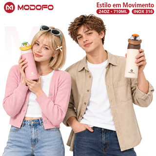 Garrafa Térmica MODOFO 700ml Inox 316 com Canudo Tampa 1 Toque Alça Dobrável Quente e Fria Portátil Fashion Copo Termico