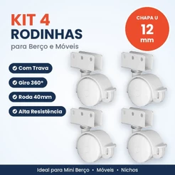 Kit 4 Rodinhas Rodizio Giratorio p Berço e Móveis Chapa U 12mm com Trava Alta Resistência