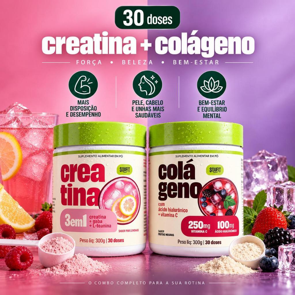 Creatina 300g 3 em 1 + Colágeno com Ácido Hialurônico 300g - Soufit