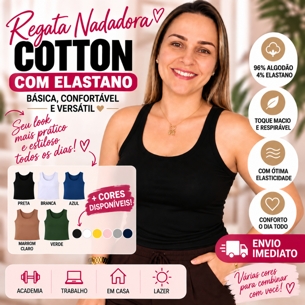 Regata Nadador Feminina Cotton com Elastano Blusinha Básica Confortável Academia Dia a Dia Várias Cores P ao GG