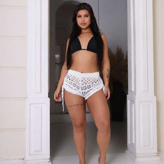 Short Saída de Praia Feminina Tricô Com Ajuste Lateral Cintura Alta Moda Verão