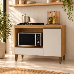 Balcão para Cooktop Fogão de Embutir Armário com Porta e Nicho para Micro-ondas 103cm Moderno