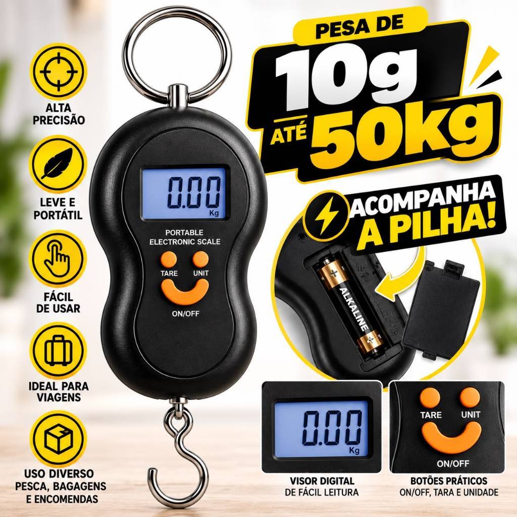 Balança Digital Portátil de Mala com Gancho de Aço 50kg