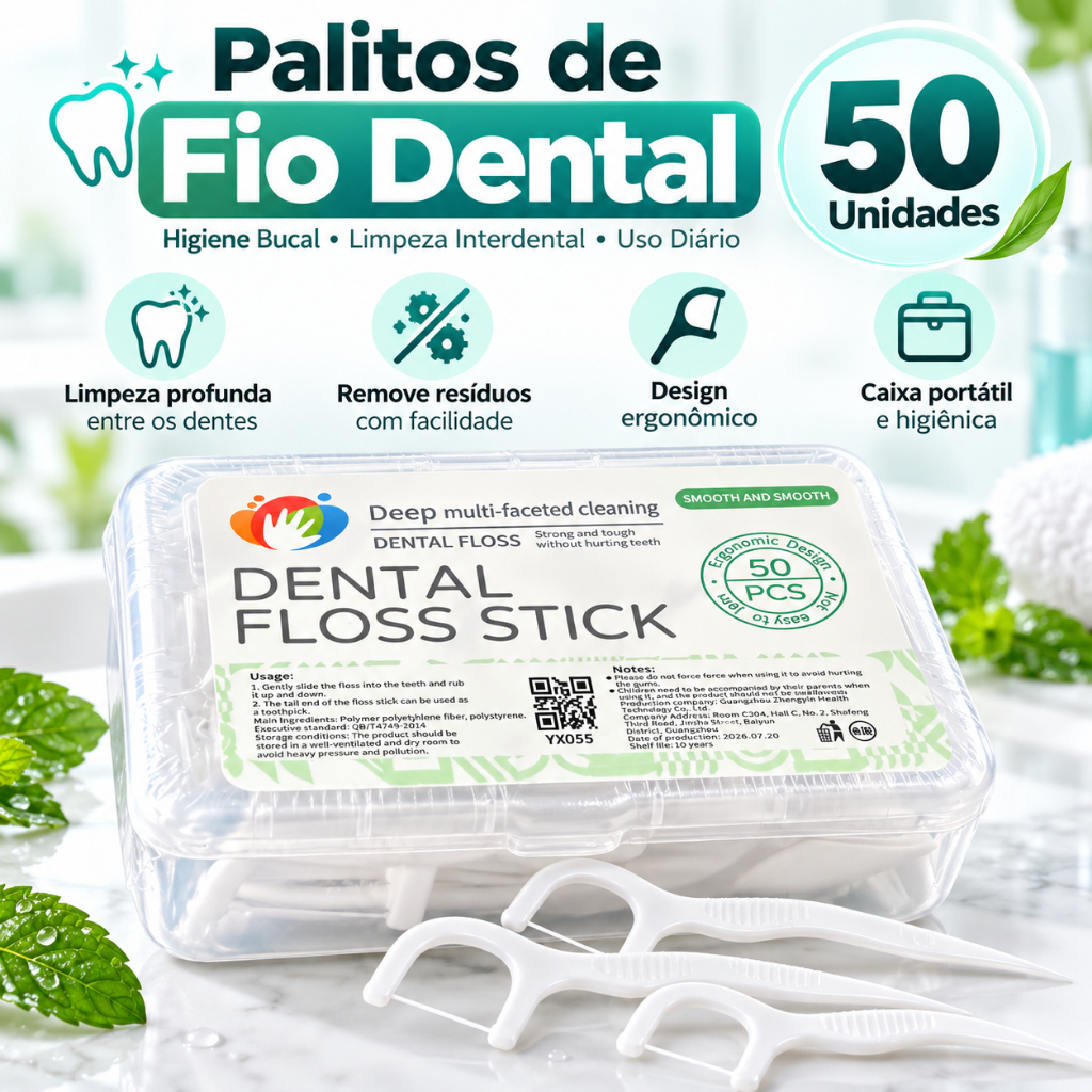 Fio Dental com Haste 50 Unidades Palito Dental 2 em 1 Higiene Bucal Limpeza Interdental