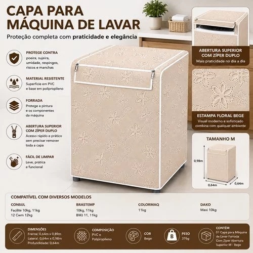 Capa Máquina Lavar PVC Bege Tampa G 66x80cm Forro Poliéster Vida Pratika ( CAPA NÃO POSSUI ZÍPER)
