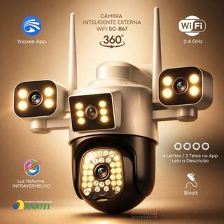 Câmera de Segurança Inteligente 360º Wi-Fi ULTRA HD Infravermelho IP 3+1 Lentes Cor Branca