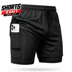 Short 2 em 1 Dryfit Masculino Academia Corrida Treino Bermuda Com Bolso Oculto