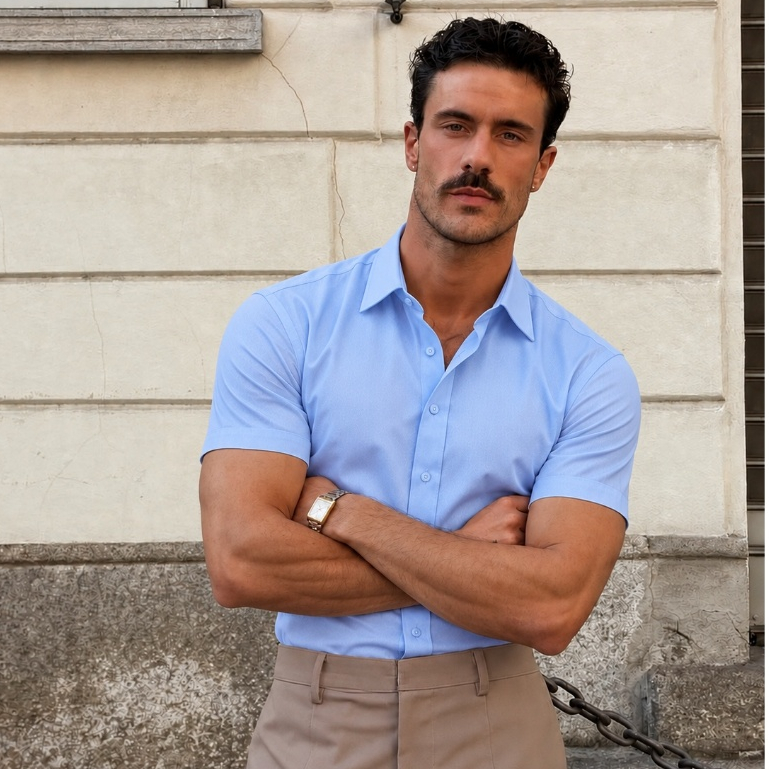 Camisa de Botão  Passa Facil Masculina Manga Curta Reto Social Casual Confortável de Verão azul Claro Tradicional