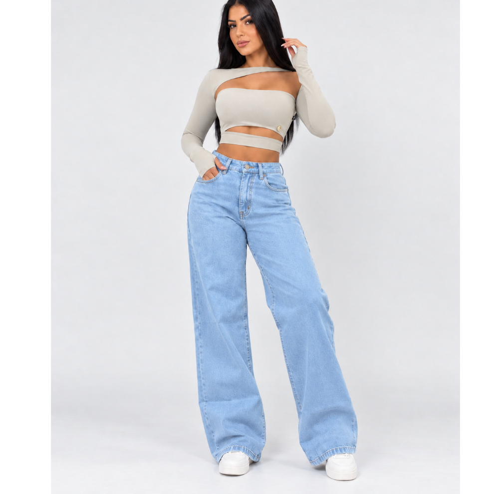calça wid leg jeans feminina Cintura Alta Cós Alto Cinza Grafit Marmorizada — imagem 2 de 2