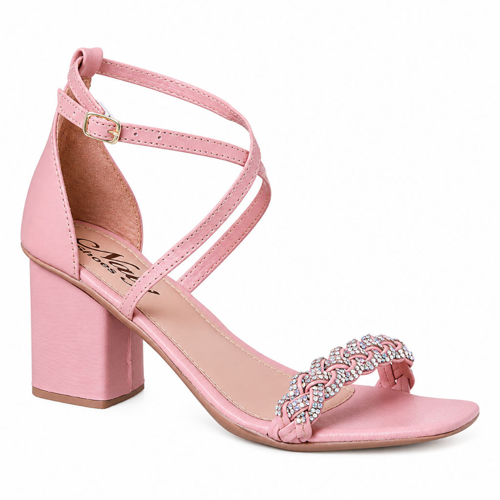 Sandália Feminina Nude Salto Alto Grosso 7,5 CM Casual Strass Trazeiro Fechado Pedraria Naty Shoes