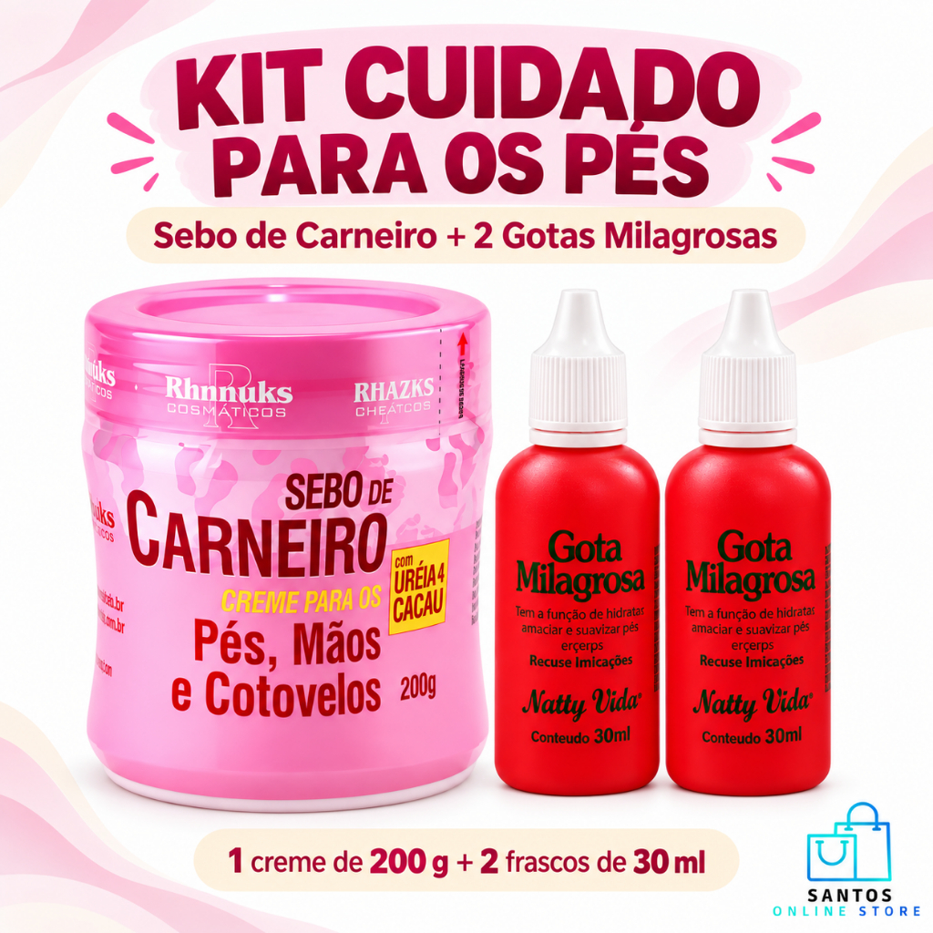 Kit Creme Sebo De Carneiro Hidratante Pés Mãos Cotovelos + 2 Gota Milagrosa 30ml