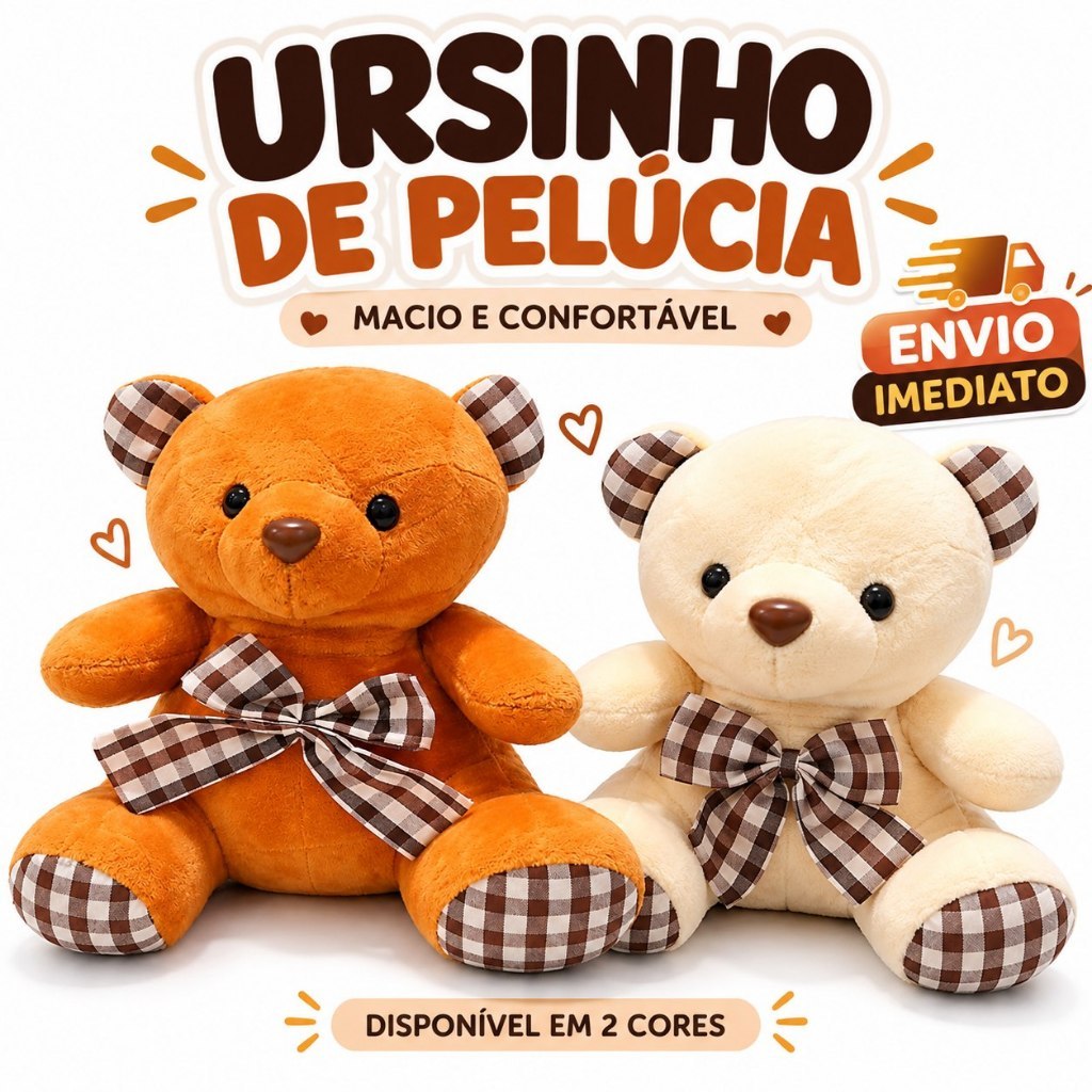 Ursinho de Pelúcia 15cm Fofo Macio com Laço xadrez – Presente Infantil Decoração