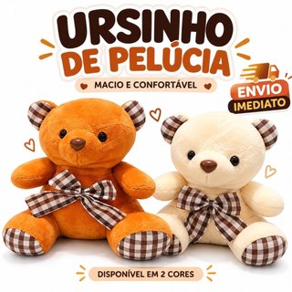 Ursinho de Pelúcia 15cm Fofo Macio com Laço xadrez – Presente Infantil Decoração