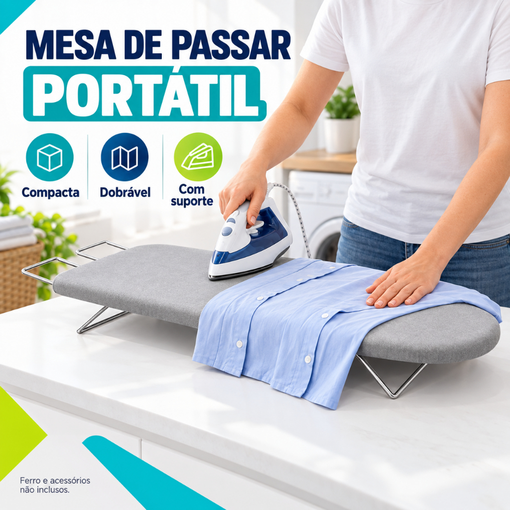 Mesa de Passar Roupa Portátil Compacta com Suporte Ideal para Viagens e Lavanderia Aço Reforçada