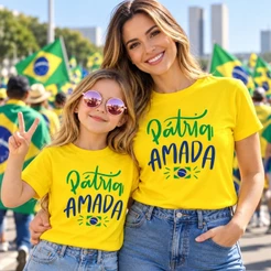 Camiseta Pátria Amada Brasil Mãe e Filha Estilosa Tendência Familia Infantil Juvenil Adulta Unissex