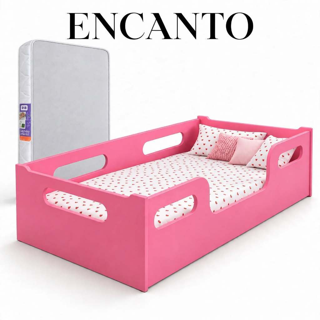Cama Encanto Infantil Rosa + Colchão Montessoriana Quarto Da Criança Em MDF Design Aconchegante Grade De Proteção