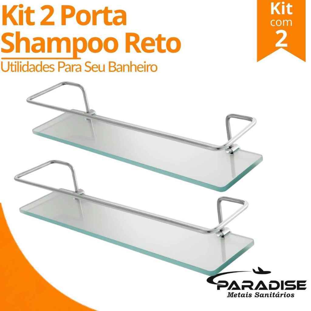 Kit 2 Porta Shampoo de Alumínio Base de Vidro Reto Prateleira para Banheiro Cozinha Organizador 30cm