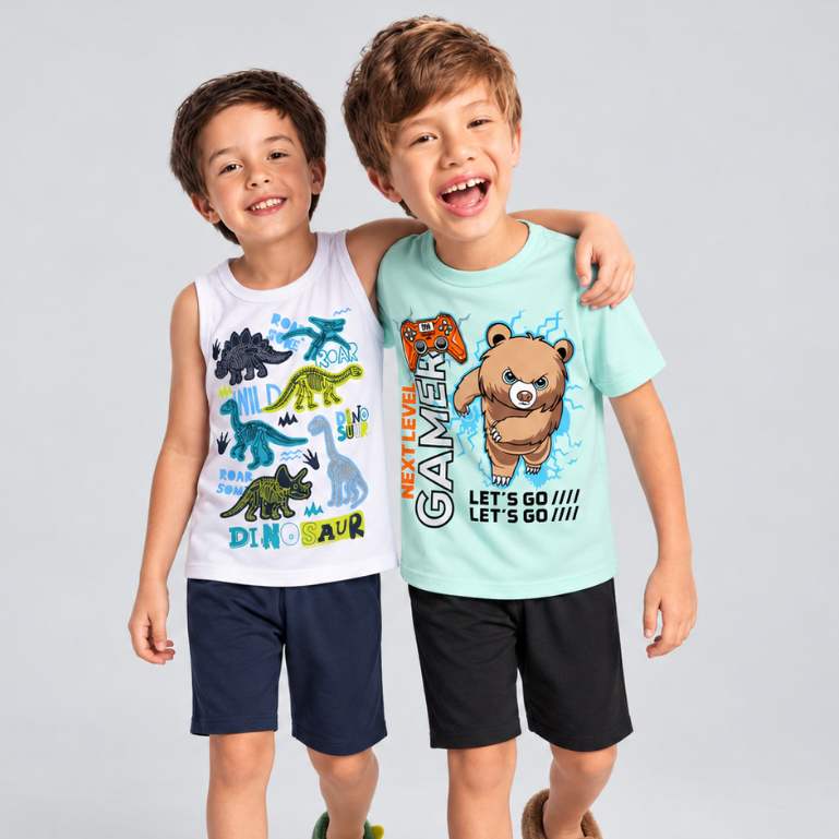 Kit 2 Pijama Infantil Masculino Manga Curta Verão Fresco e Confortável 1 ao 14 Anos Estampas Sortidas