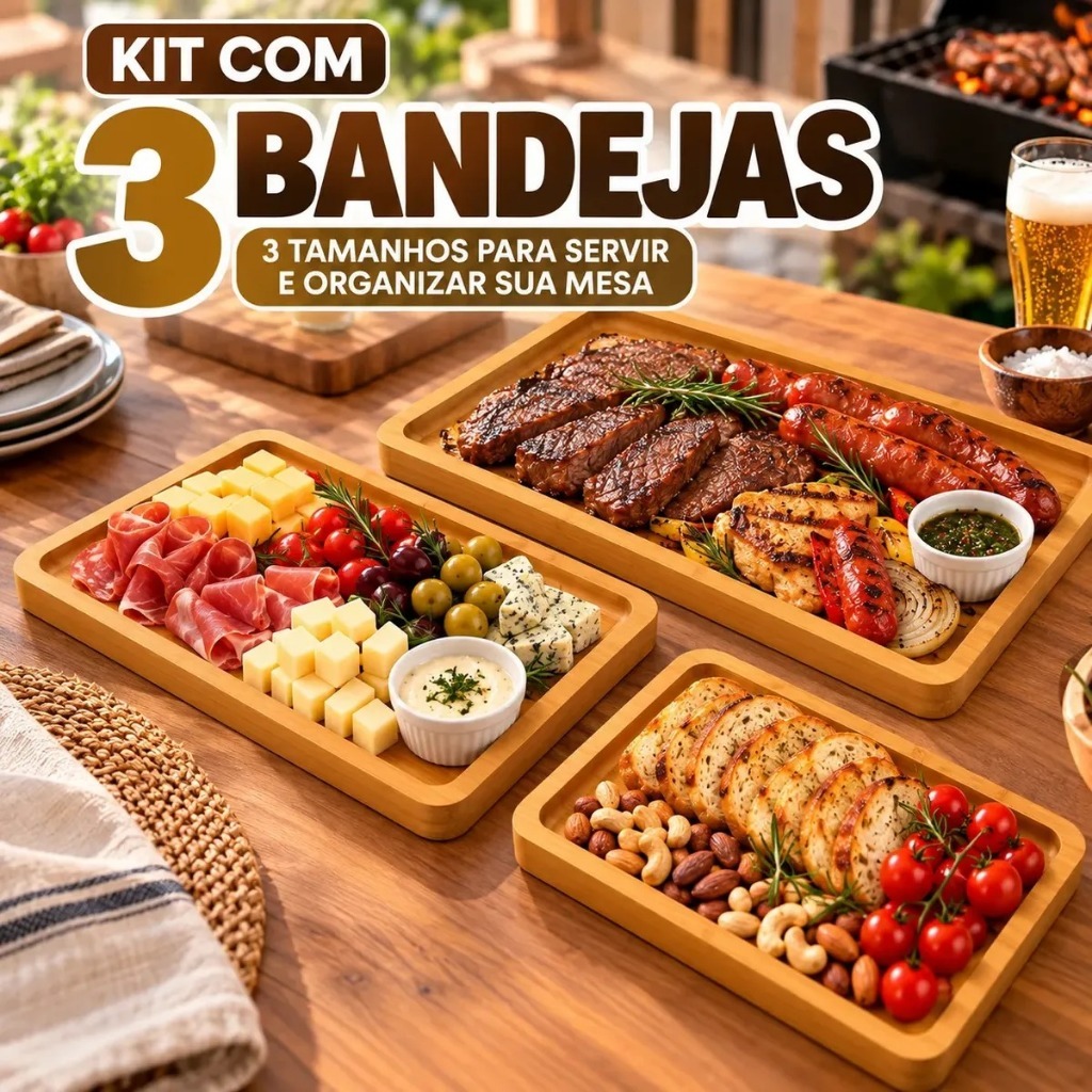 Kit 3 Bandejas Mdf Para Servir Churrasco E Petiscos Cor Bamb