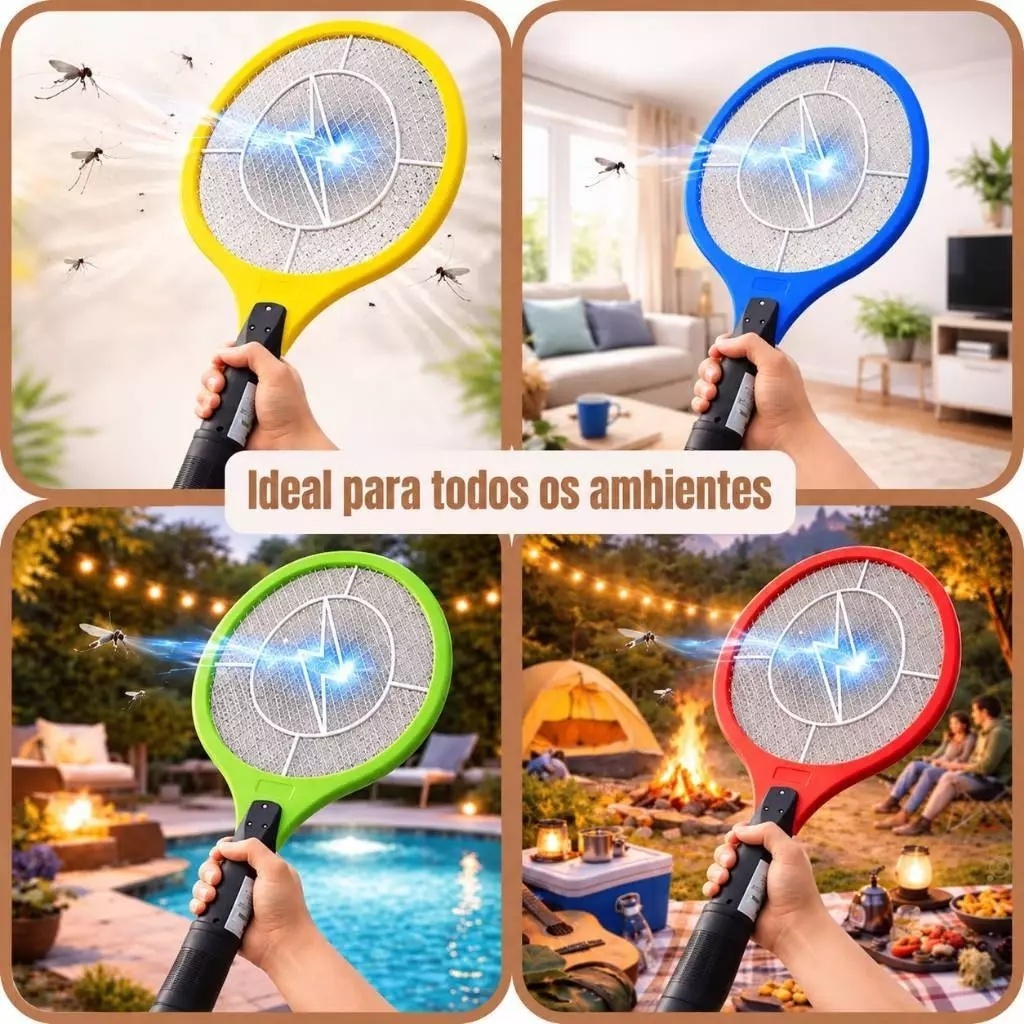 Raquete Elétrica Mata Mosquitos Bivolt 110 e 220 Recarregável Alta Potência Colorida — imagem 2 de 2