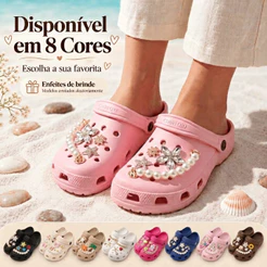 Babuche Feminino Nuvem Plataforma EVA Macia Sandália Decorada Bótons Pingentes Pérola Strass Confortável Moda Tendência