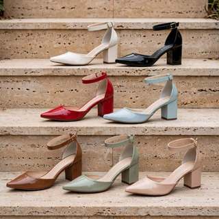 Sapato Scarpin Feminino Bico Fino Verniz Salto Medio 6,5cm Fivela Dourada Off White Preto Rose Azul Vermelho Verde Festa