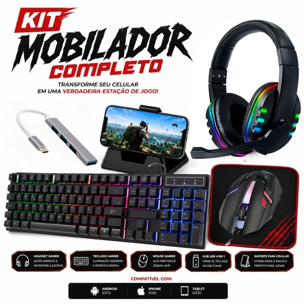 Kit Mobilador Gamer Completo Com Mouse Teclado Led Rgb Fone Headset Usb Tipo C Free Fire