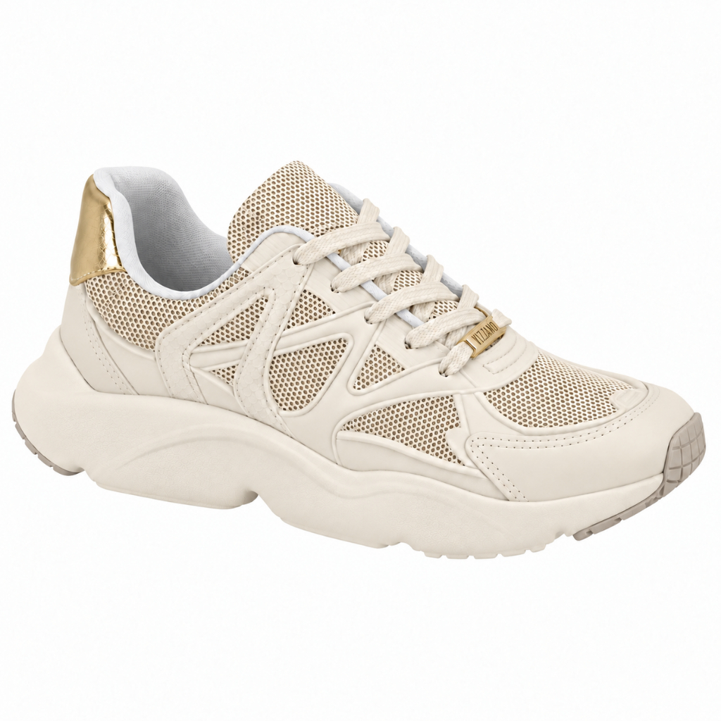 Tênis Feminino Vizzano Chunky Bege Dourado Confortável Leve Casual Esportivo Estiloso