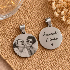 Pingente Redondo Inox Personalizado Com Foto e Frase Gravado A Laser para Colar Presente Brinde Casal Amigos