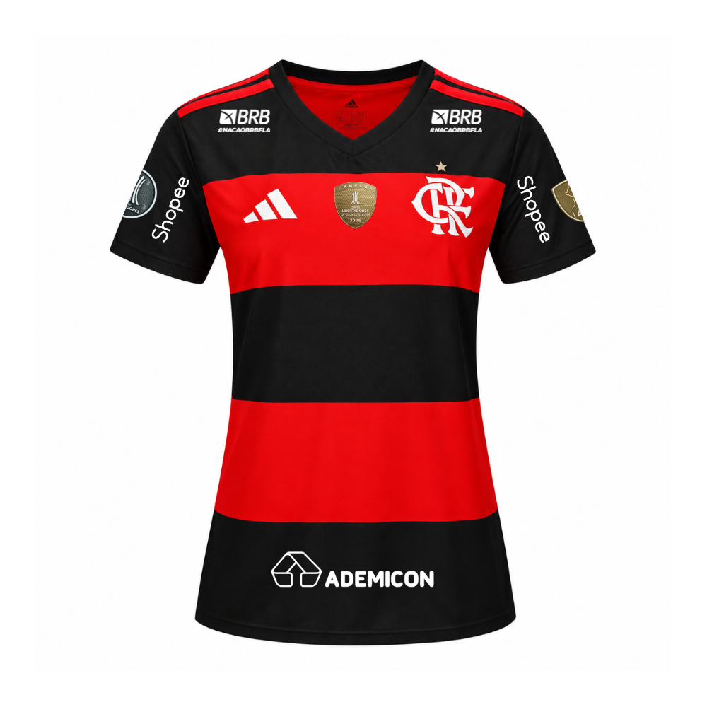 Manto Flamengo Feminina Fan Jogo 1 Adidas 2026 - Kit Patrocínio + Kit Patchs CAMPÉON Libertadores 2025