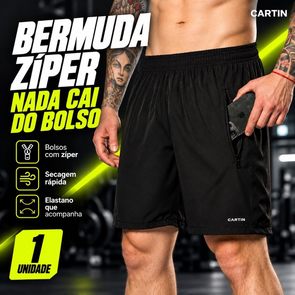 Bermuda Tactel Masculina com Elastano Academia Bolso com Zíper Shorts Treino Corrida Secagem Rápida