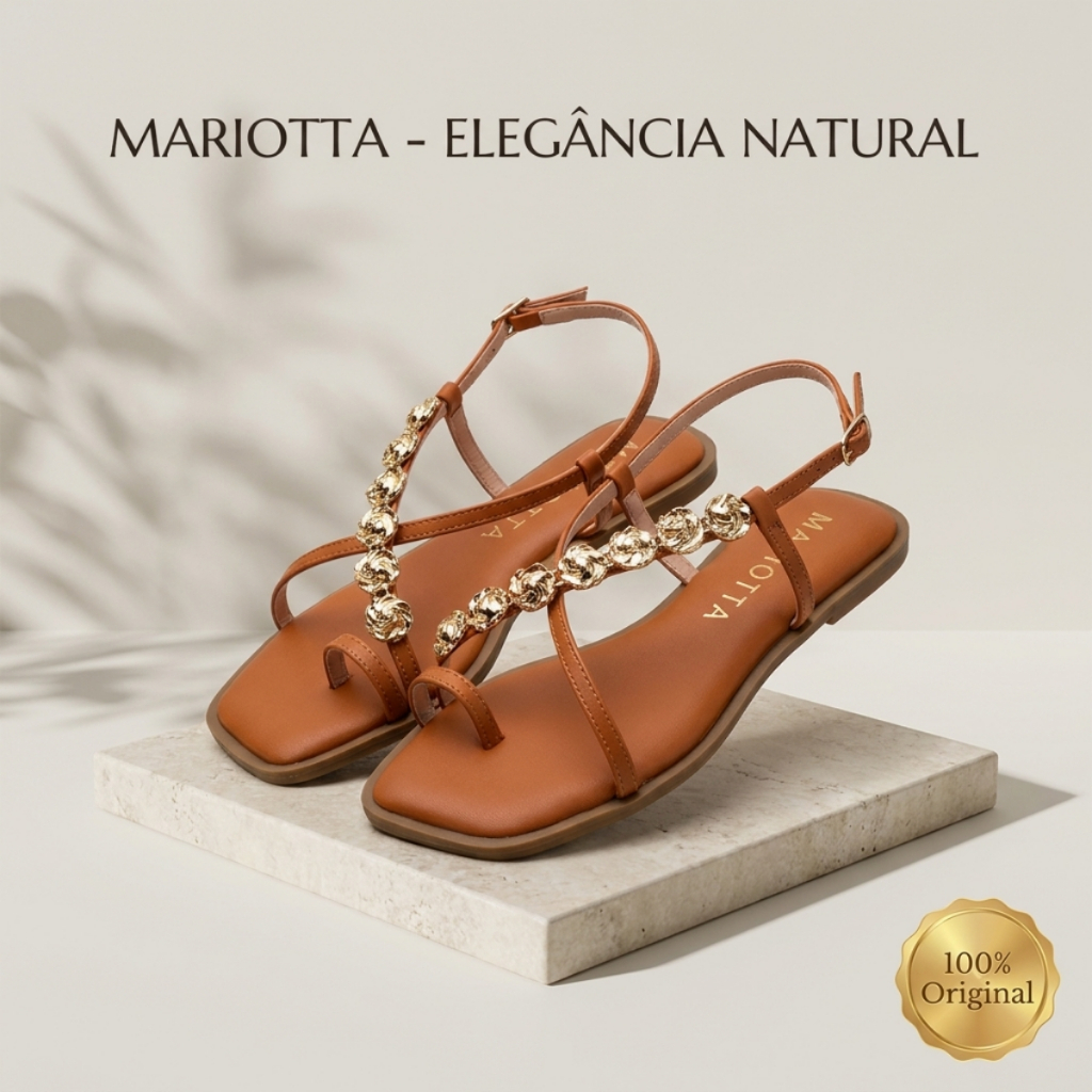 Sandália Rasteira Feminina Mariotta Pedraria Flores Douradas Rasteirinha Bico Quadrado Confortável Moda