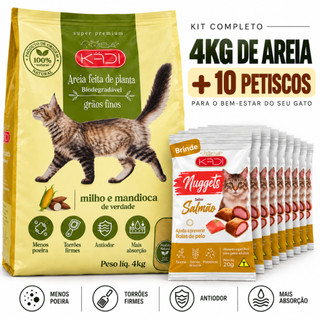 Areia Gato Milho e Mandioca 4kg + 10 Petisco 20g Sabor Salmão