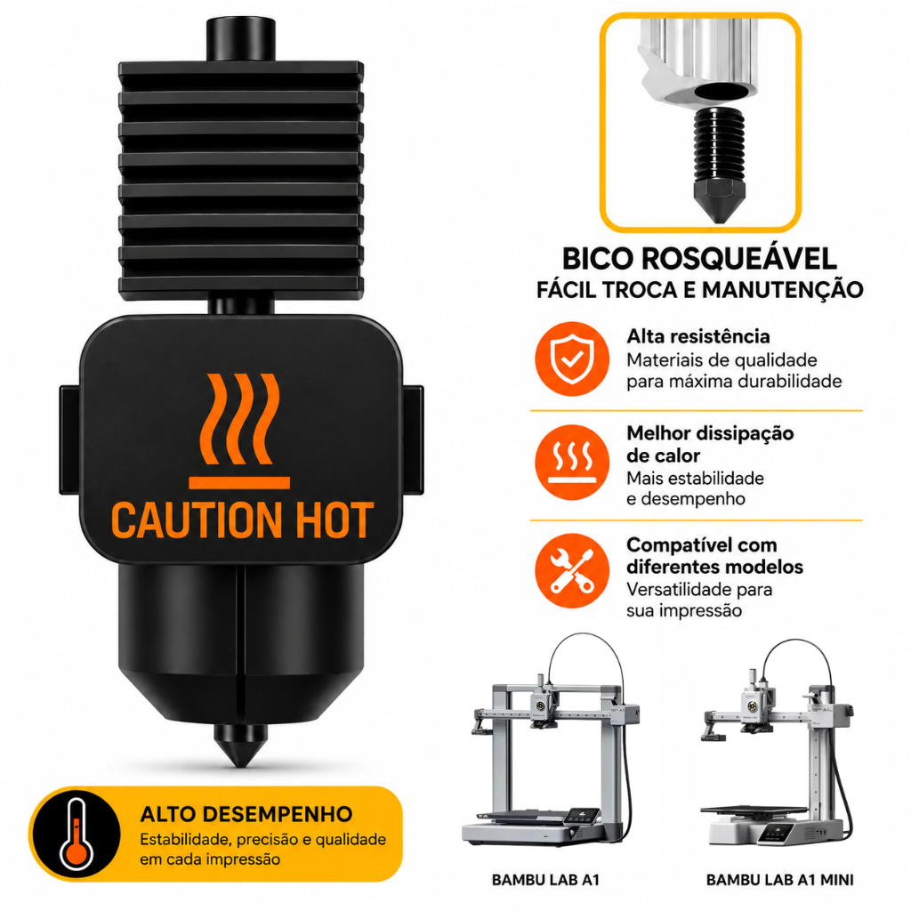 Hotend Bico para Bambu Lab A1 e A1 Mini de Aço Endurecido 0,2mm 0,4mm 0,6mm ou 0,8mm