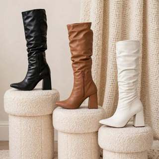 Bota Franzida Feminina Cano Medio Salto Alto Fino 9cm Ziper Lateral Slouch Boot Napa Preto Caramelo Off White Conforto