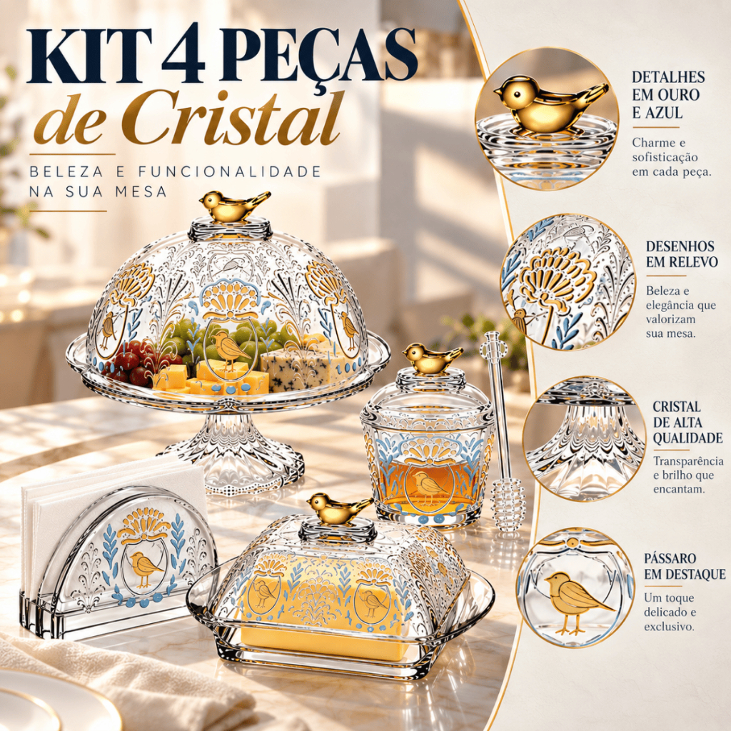 Kit Mesa Posta Cristal Luxo Boleira Porta Guardanapo Açucareiro Manteigueira Queijeira