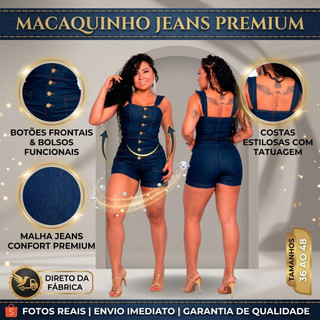 Macaquinho Jeans Feminino Curto Com Botões E Lycra Curvas P Ao GG