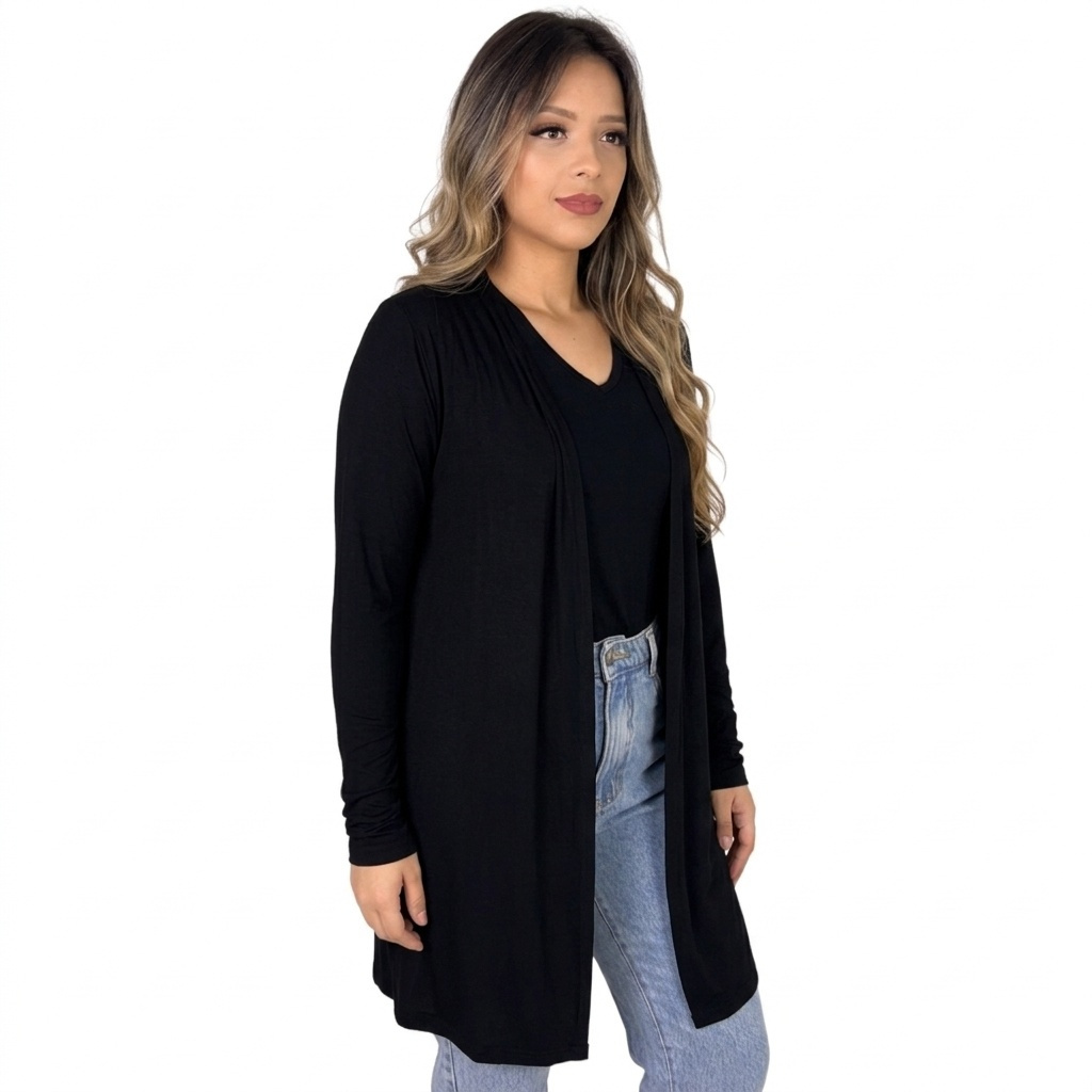 Cardigan Feminino Alongado Preto Viscose Leve Casaco Aberto Manga Longa Versátil Elegante Para Escritório