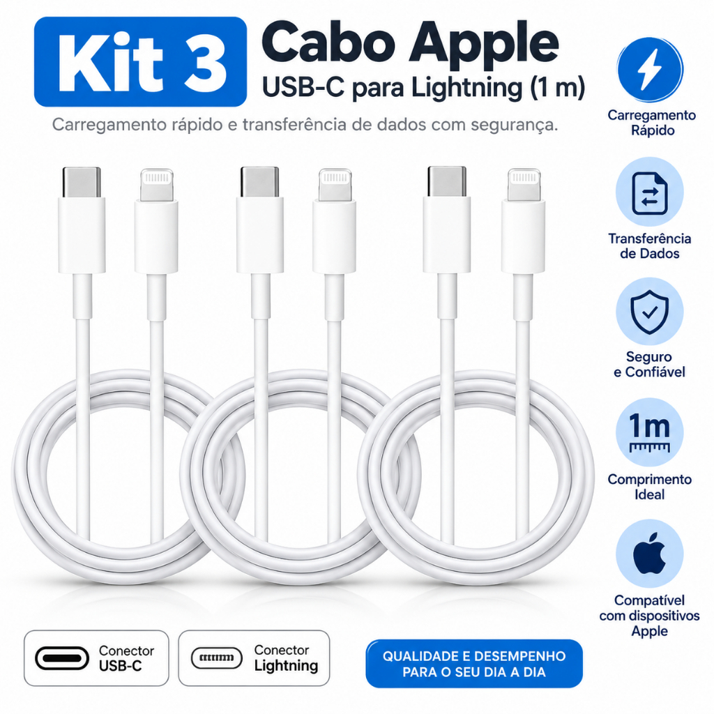 Kit 3 Cabos Apple USB-C para Lightning 1m