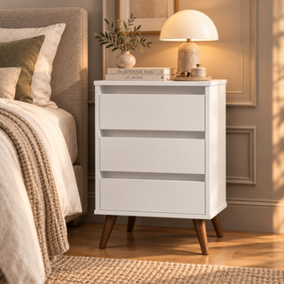 ✨ Mesa de Cabeceira Retro Wood 3 Gavetas Organizador para Quarto e Closet com Pés Retrô 🛏️ - Várias Cores