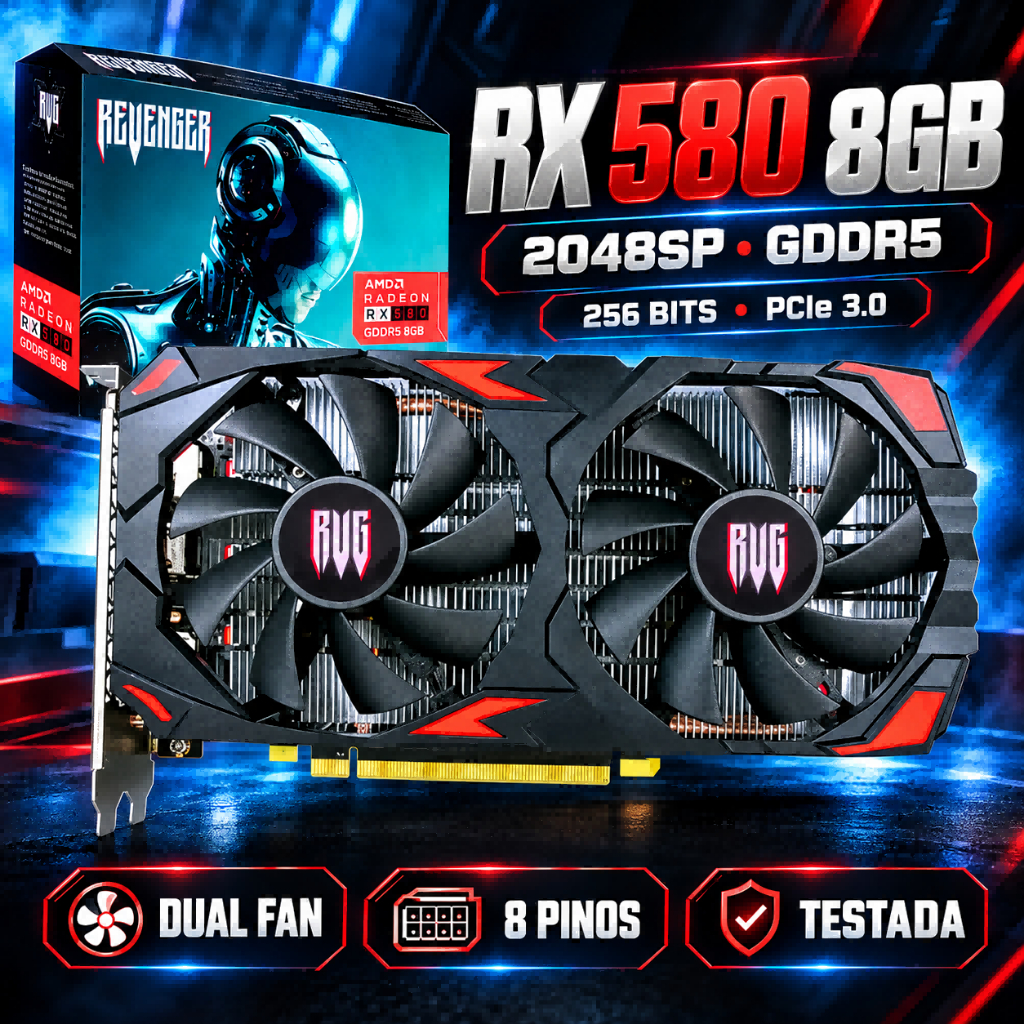 Placa de Vídeo AMD Radeon RX 580 2048SP 8GB GDDR5 256 Bits 8 Pinos Dual Fan Desktop Suporta 3 Monito