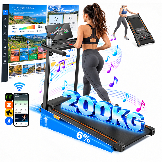 Esteira Elétrica Ergométrica 3.0HP 1-14km/h Com Bluetooth + Fitshow App Suporta até 200KG Dobrável