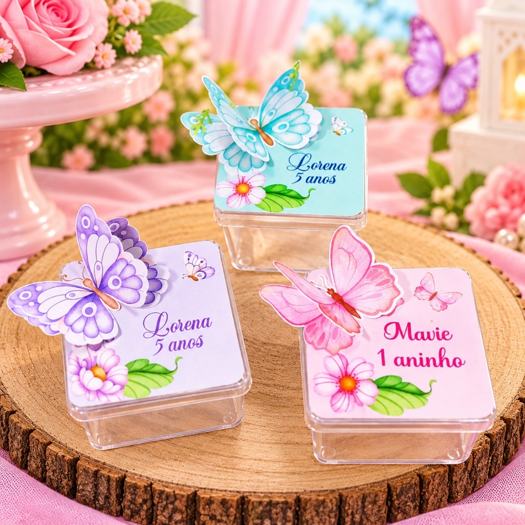 Aplique caixinhas acrílico 5x5 jardim encantado rosa, lilás ou azul ( não acompanha caixinha)