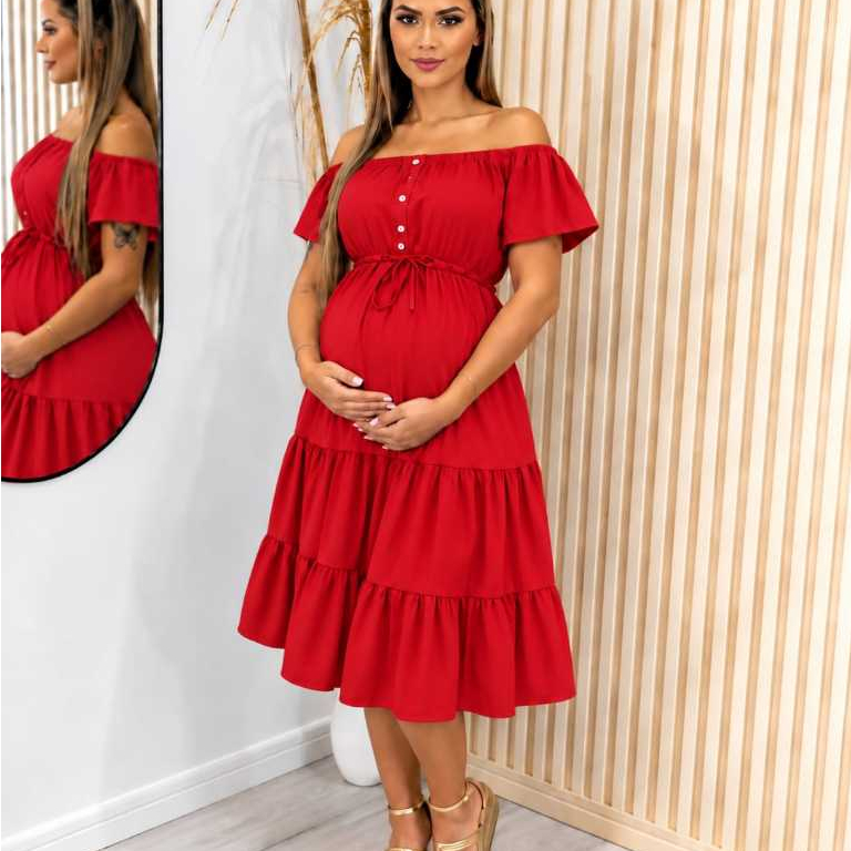 vestido gestante midi com babado e amarracao moda maternidade gravida
