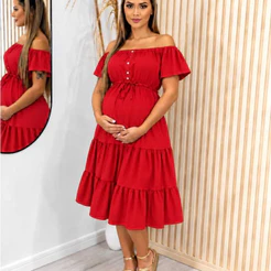 vestido gestante midi com babado e amarracao moda maternidade gravida