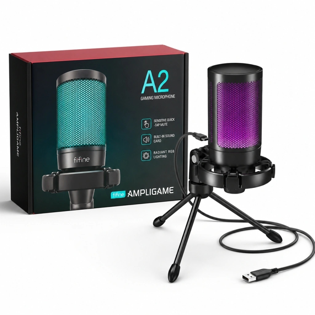Microfone Fifine A2 AmpliGame USB - Condensador, RGB, Gamer, Streaming e Podcast