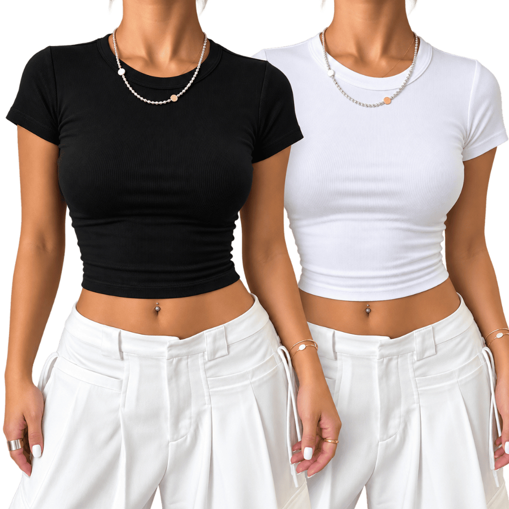 Kit 2 Cropped Manga Curta Canelado Manguinha Gola Redonda Ribana Canelada Algodão Blusinha Curta Camiseta Básica Cores