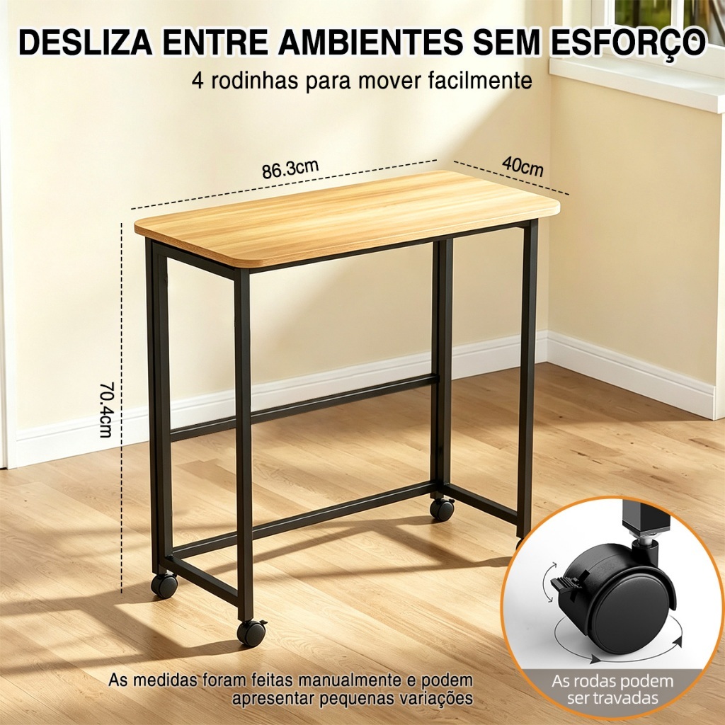 Escrivaninha Mesa Escritório Dobrável Com Rodinhas Portátil Multiuso de Madeira Para Notebook e Home Office — imagem 2 de 2