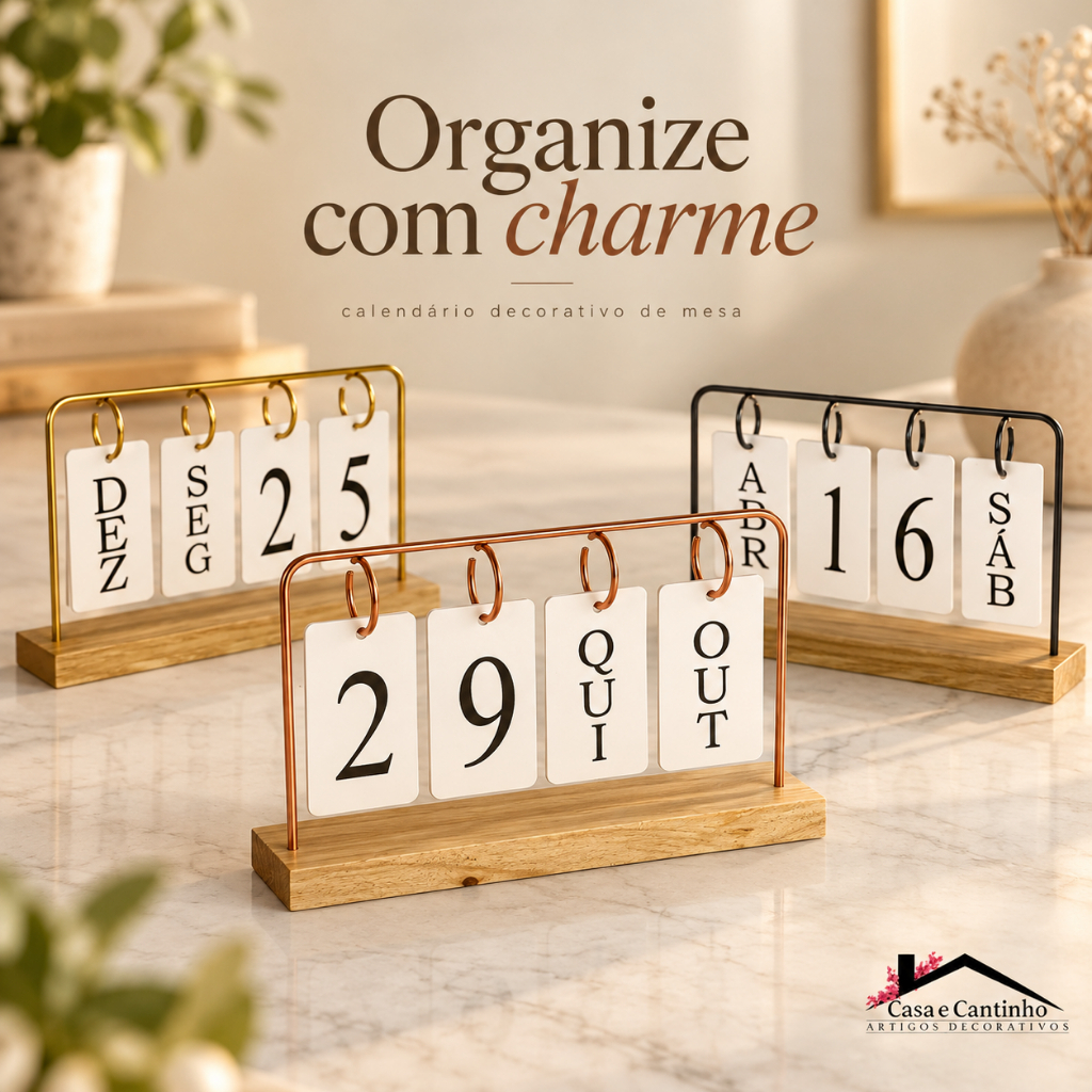Calendário de Mesa Decorativo com Plaquinhas Preto Rose Dourado Permanente Escritório
